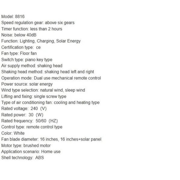 Ventilador Con Panel Solar Recargable Electrico 16 Pulgadas